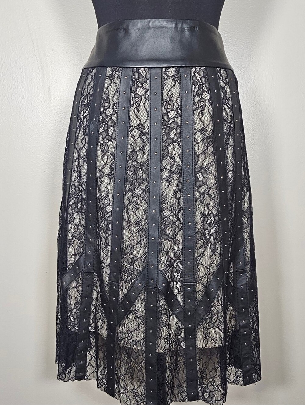 Per Se Leather & Lace Studded Flare Skirt Fall Gothic Sexy Winter Runs Big 0